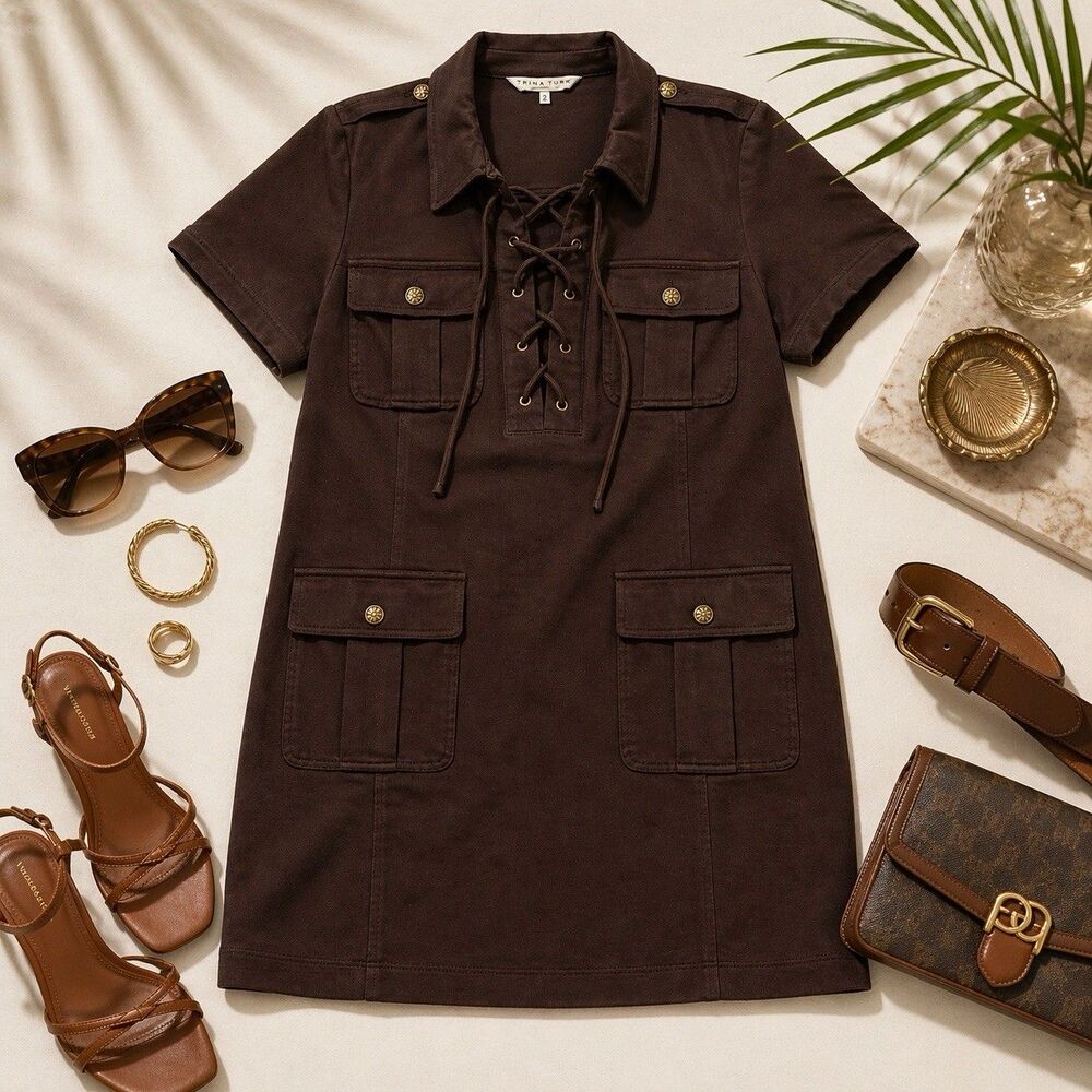 Trina Turk Cove Lace Up Utility Dress Brown Stretch Cotton Size 14